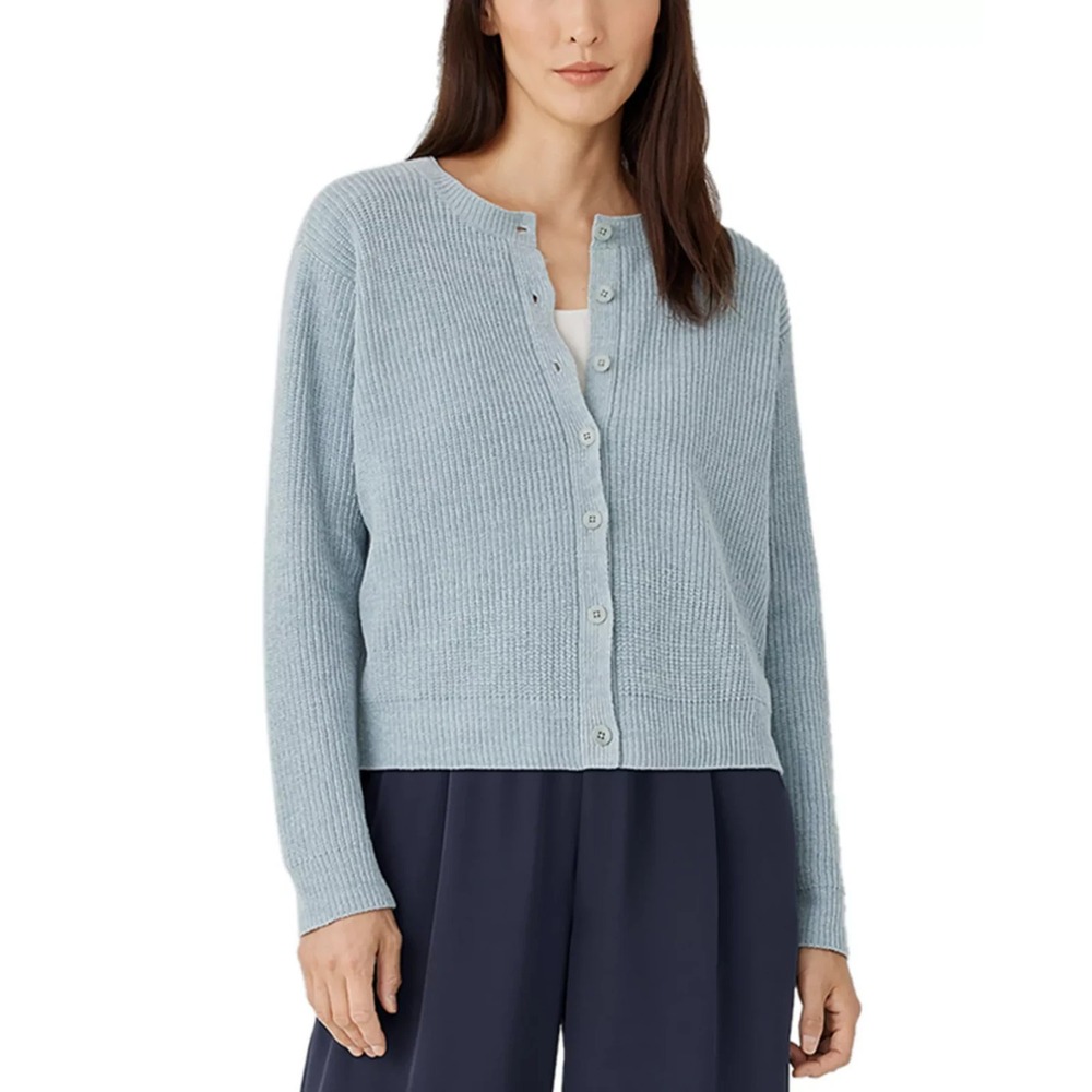 Eileen Fisher‎ Cotton Chenille Crewneck Cardigan Frost Blue Size Large NEW